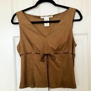 Max Studio Faux Suede Sleeveless V Neck Shirt with Faux Suede Tie Petite M